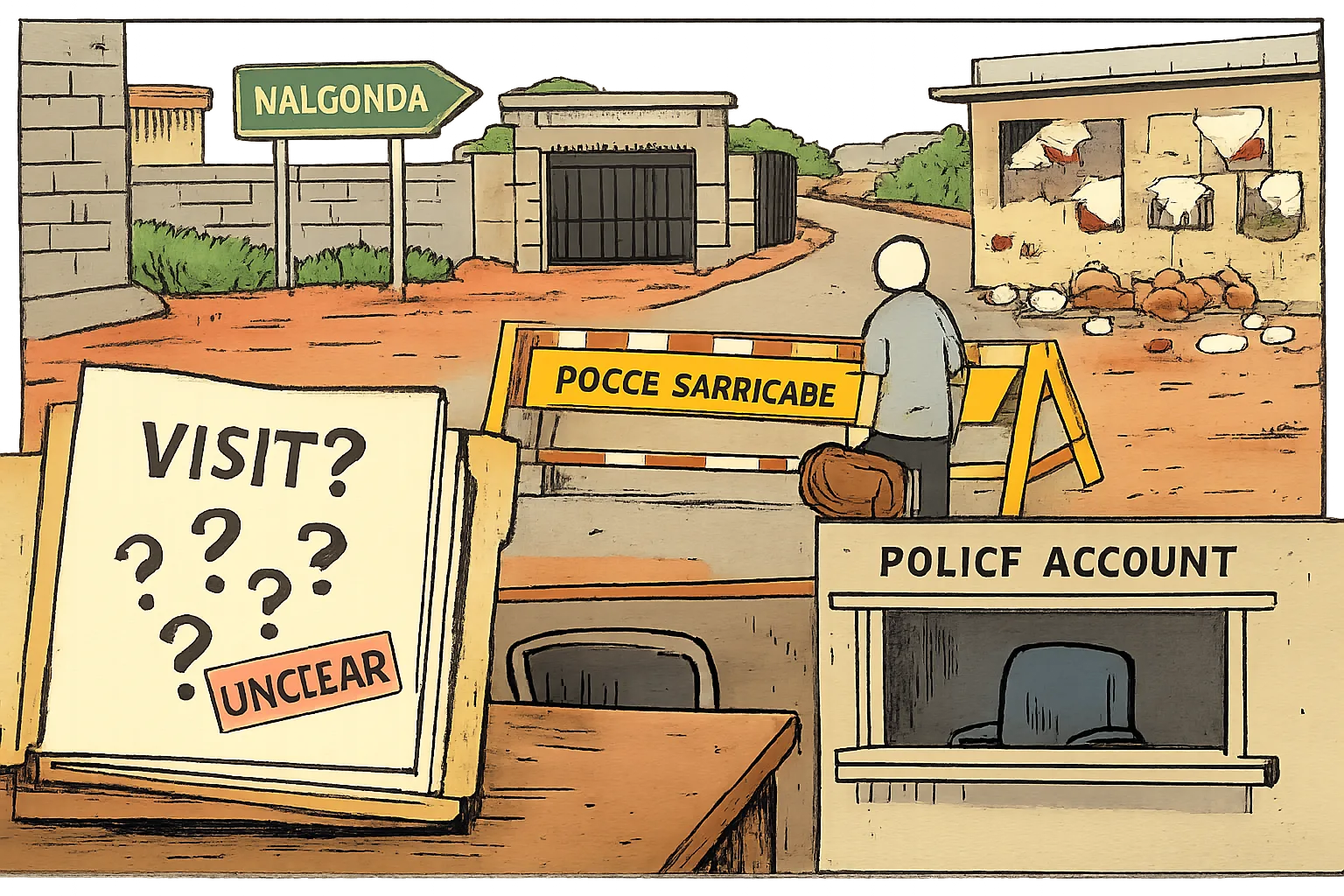 A blocked road toward Nalgonda stands beside a desk piled with a folder marked with question marks, an empty police-account counter and two damaged political office gates in the background.