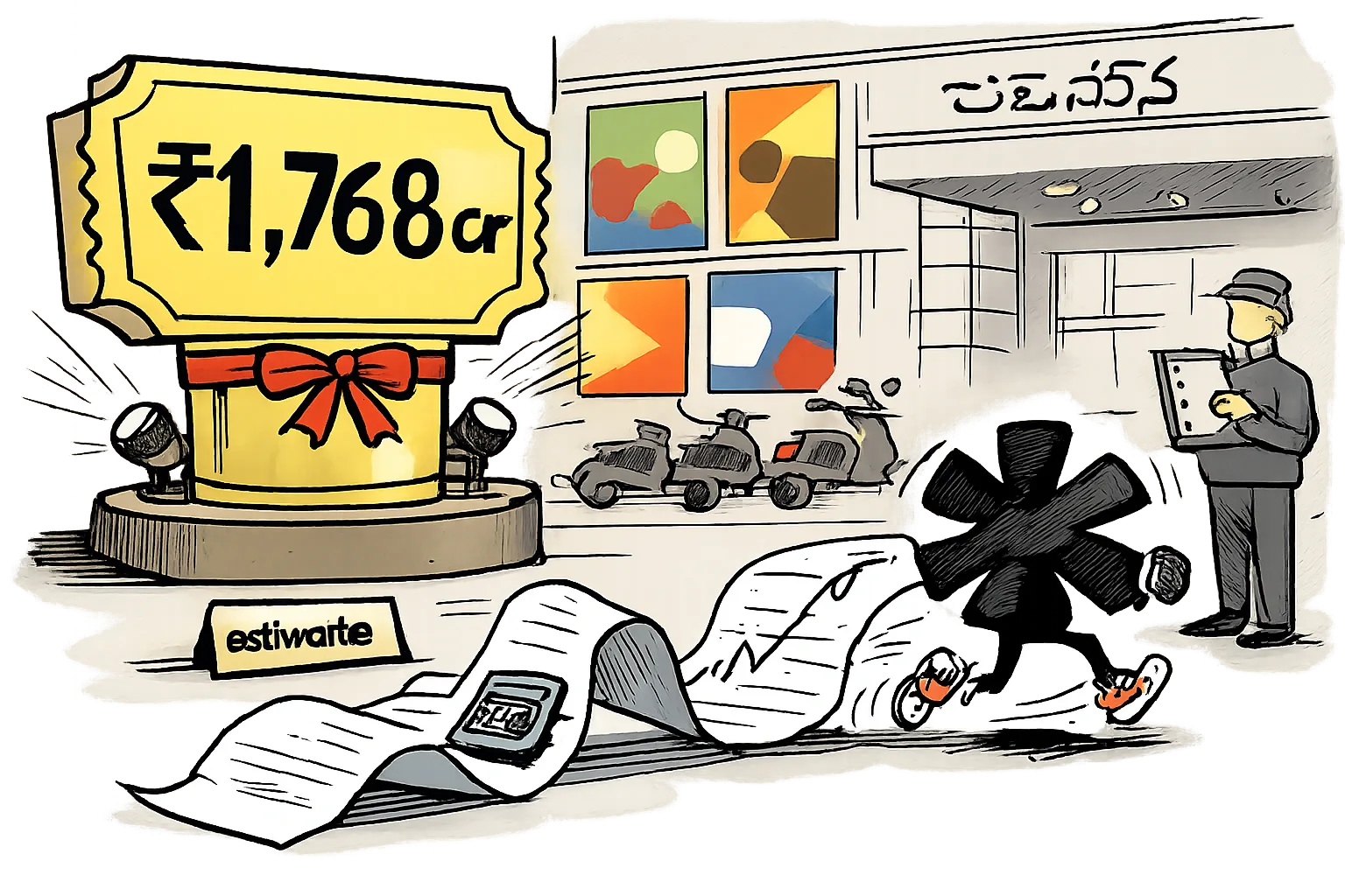 A giant ₹1,768 crore cinema display stands like a finished trophy outside a Hyderabad multiplex while a running asterisk drags a long footnote marked with projections and unfinished calculations.