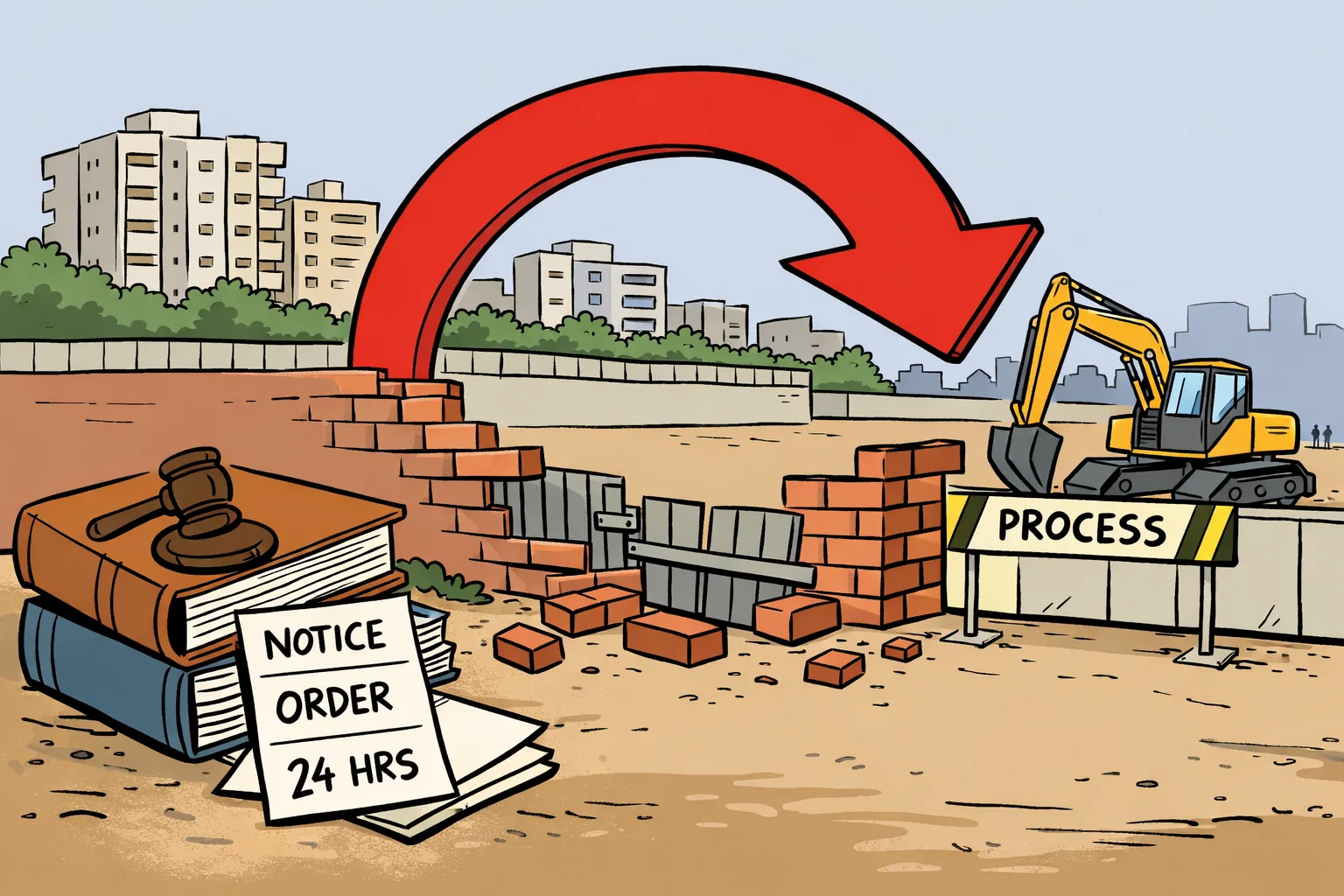 A giant red undo arrow loops over a demolished-looking Kukatpally site, while files marked with court papers, notices and a clock sit beside a stopped municipal demolition machine.