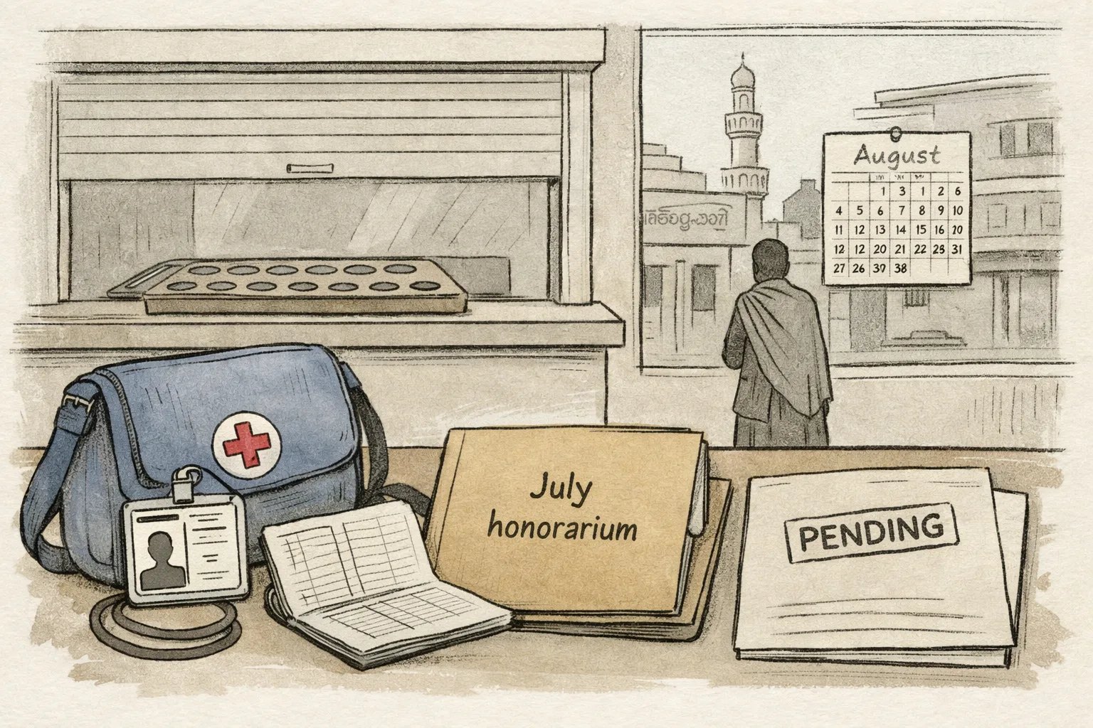 A Telangana ASHA worker’s identification card and a bank passbook lie beside a pending payment file on a plain government office desk, with a closed service window and a Hyderabad government-building silhouette in the background.