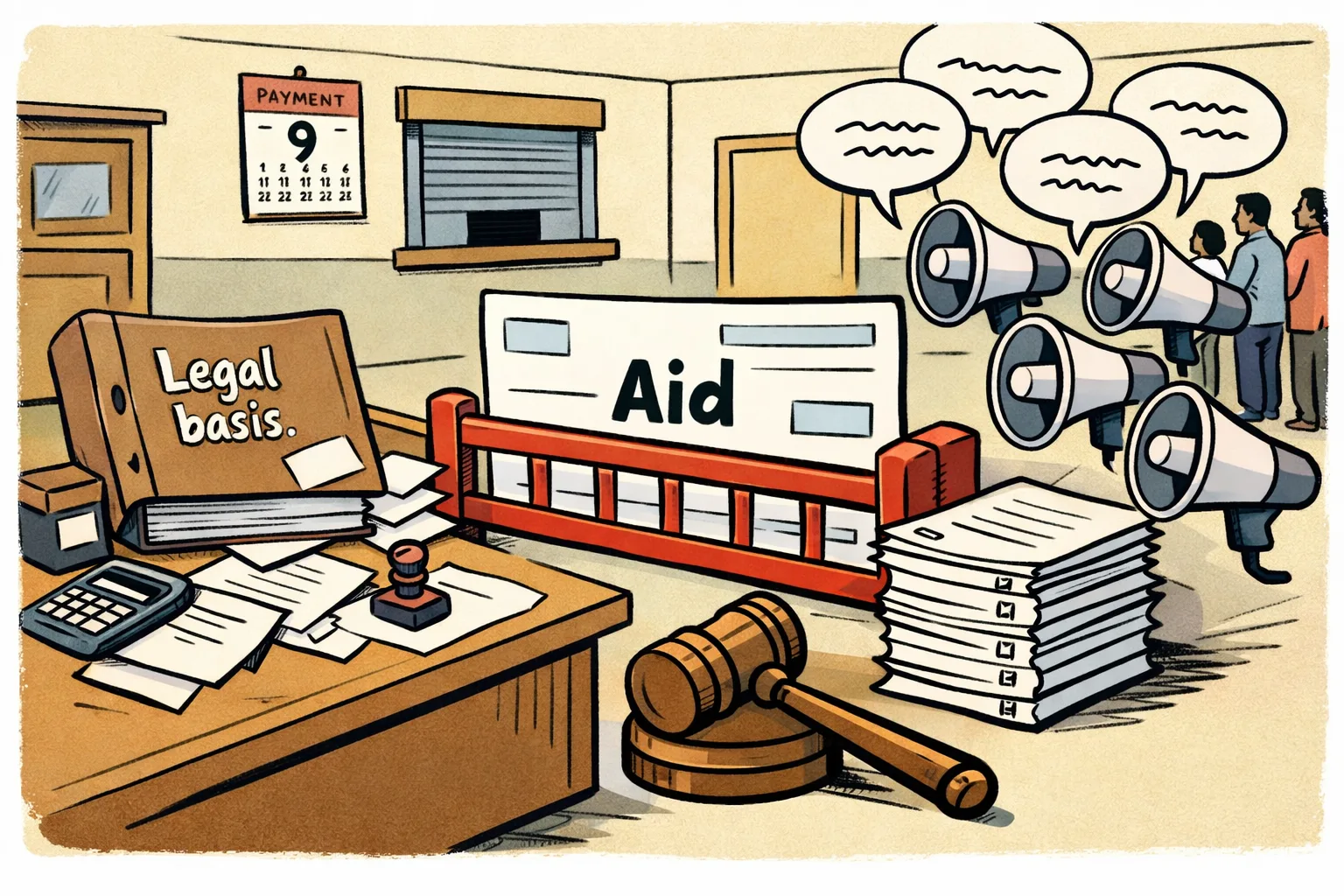 A government aid cheque is stopped behind a courtroom barrier beside an unfinished legal file, while political megaphones point toward it and applicants wait near a closed payments counter.
