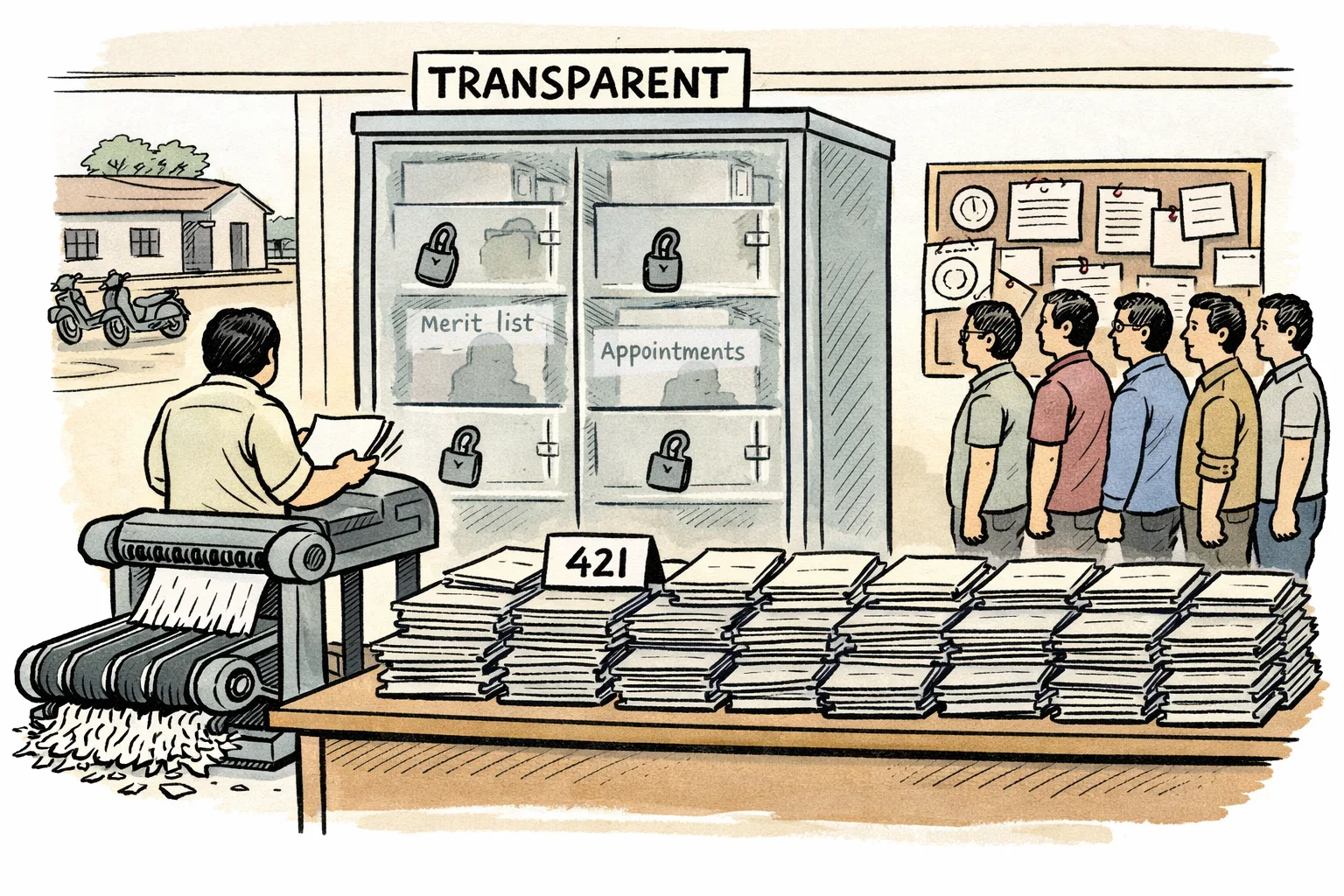 A government-office desk is covered with 421 teacher recruitment files beside a glass filing cabinet marked transparent but clouded and locked, while applicants wait near court papers and grievance forms.