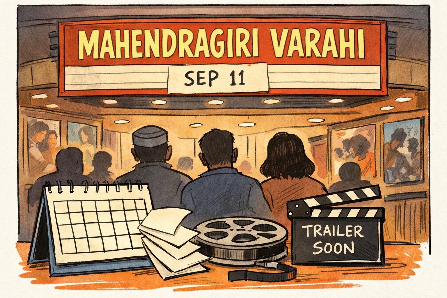 A cinema marquee for Mahendragiri Varahi displays September 11 beneath a large pencil eraser, while a calendar and film reels sit beside a sign marked 'soon'.