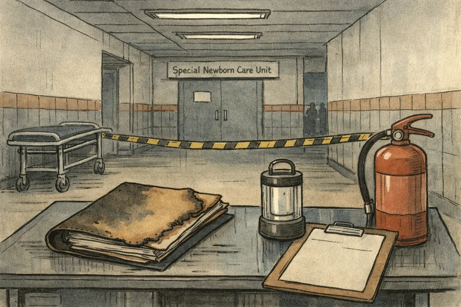 A quiet government hospital corridor with a closed newborn-care-unit door, a scorched file, an emergency light and a fire extinguisher on a metal desk.