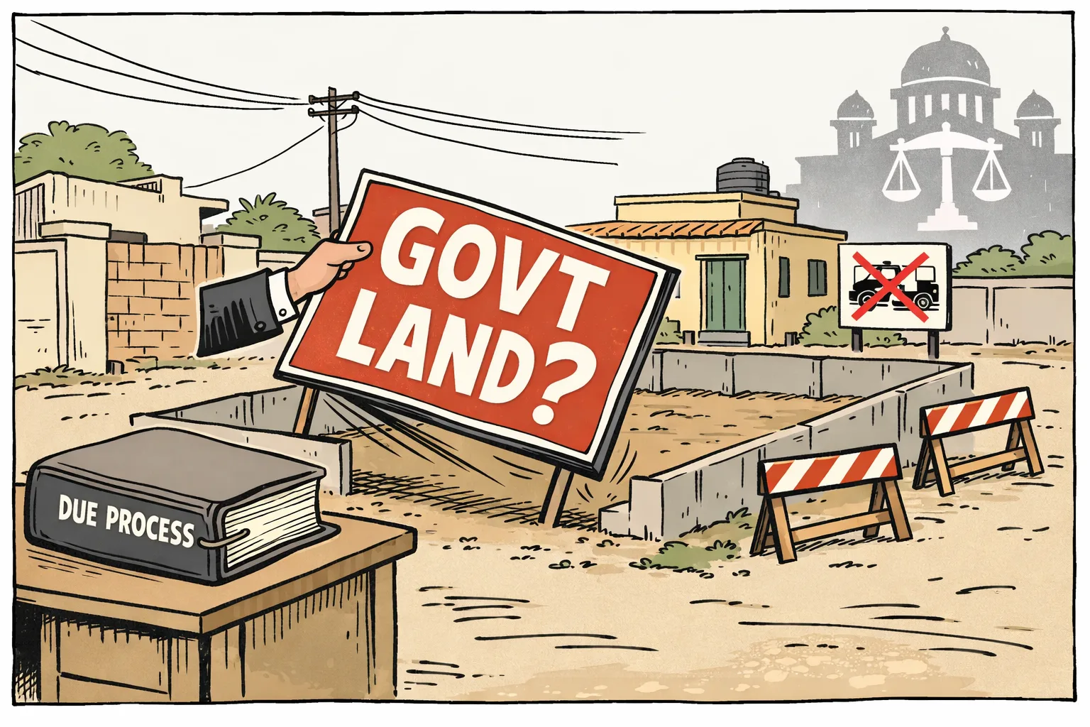 A large government-land signboard is being lifted from a small residential plot while a courthouse gavel and a neatly stacked due-process file sit in the foreground; municipal barricades and Hyderabad homes appear behind it.