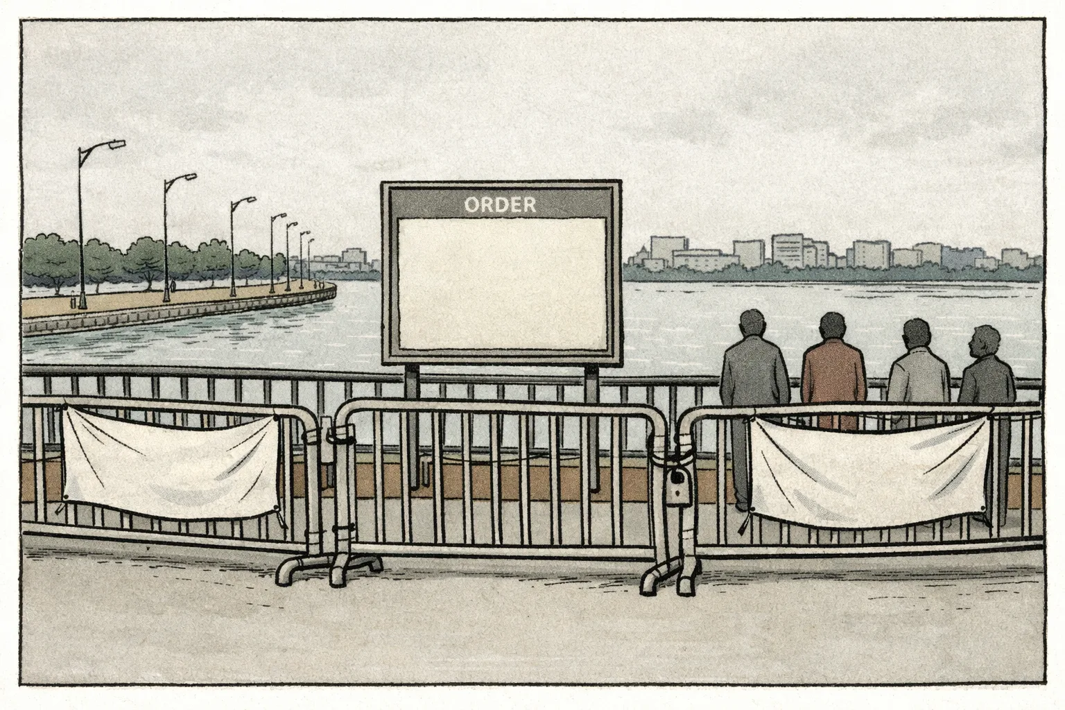 Metal barricades and flex banners line Hyderabad’s Tank Bund railing beside Hussain Sagar, with a blank notice board and distant indistinct figures on the roadway.