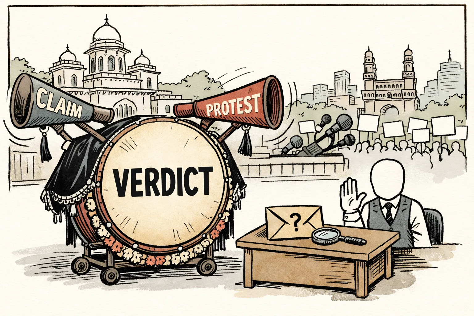 A large drum marked “VERDICT” is poised between political megaphones and a small desk holding a sealed envelope marked “FULL VIDEO?”, outside a Telangana Assembly-style building.