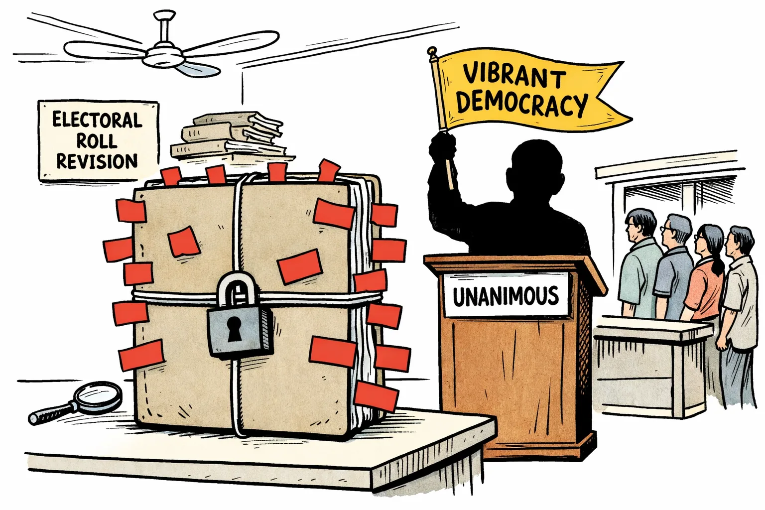 A locked file cabinet with fourteen objection tabs stands beside a lectern marked “UNANIMOUS” while a banner says “VIBRANT DEMOCRACY”; people wait at a government service window in the background.
