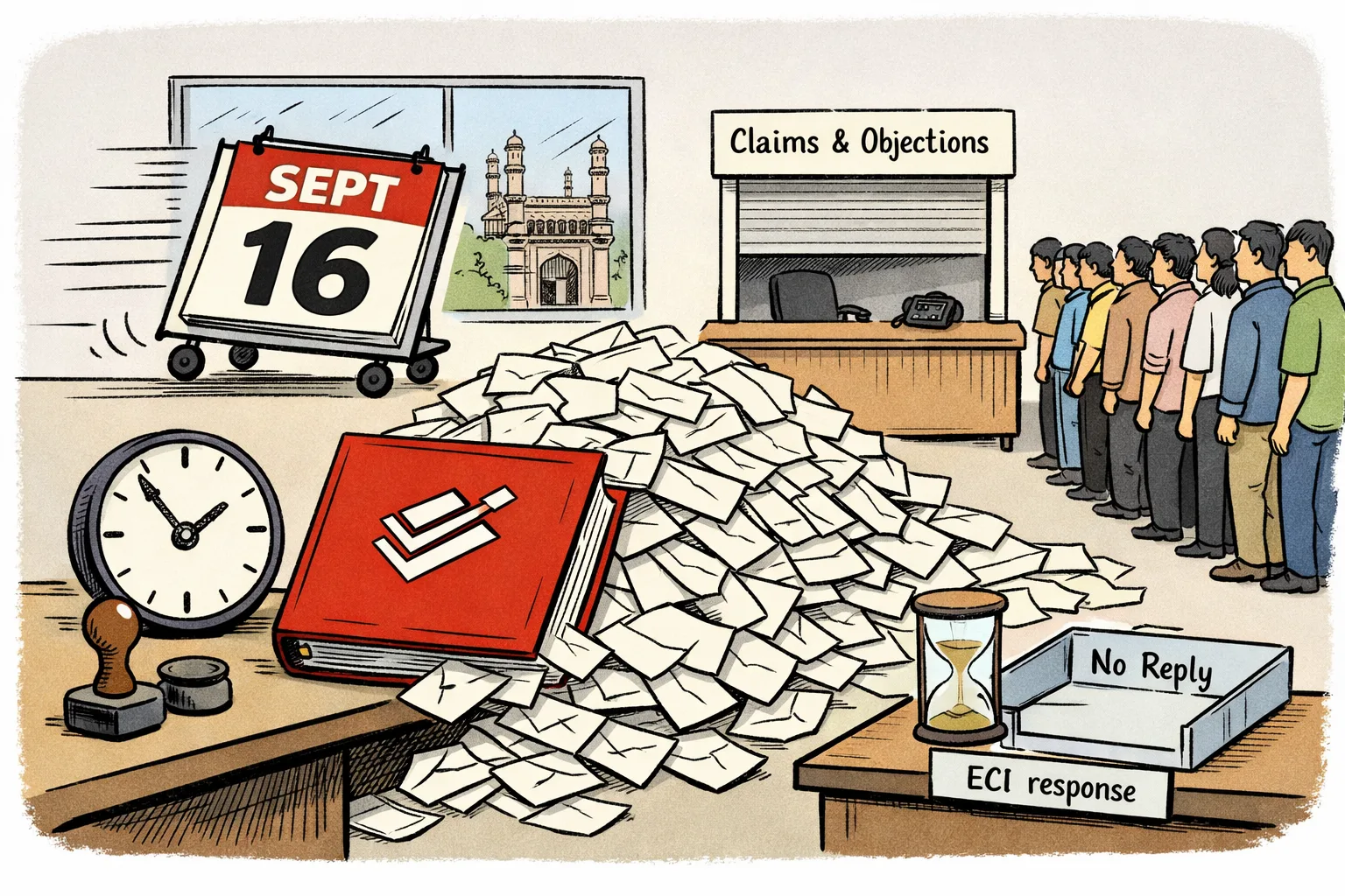 A Telangana election office cartoon shows a calendar racing ahead while unopened electoral notices pile up, with citizens waiting at a claims-and-objections counter and an unanswered response tray.
