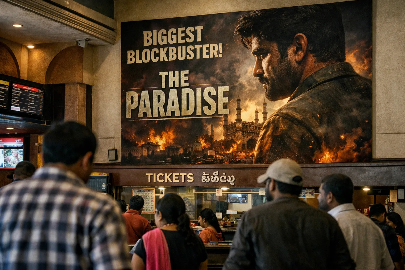 A cinema foyer in Hyderabad with a large The Paradise poster above a ticket counter and indistinct moviegoers nearby.