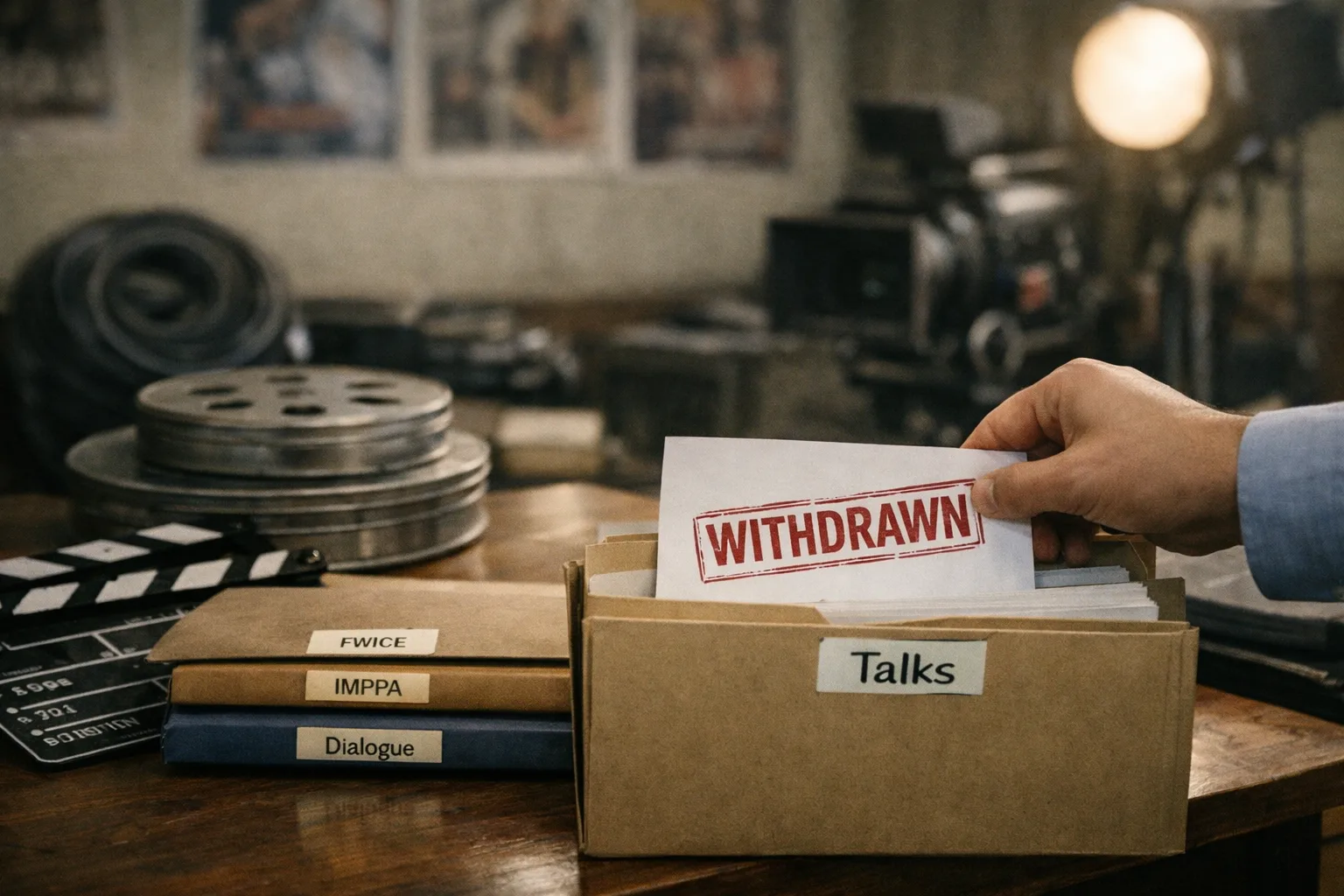 A cinema production office table holds a withdrawn non-cooperation notice beside an open dialogue file, while film reels and guild folders sit in the background.