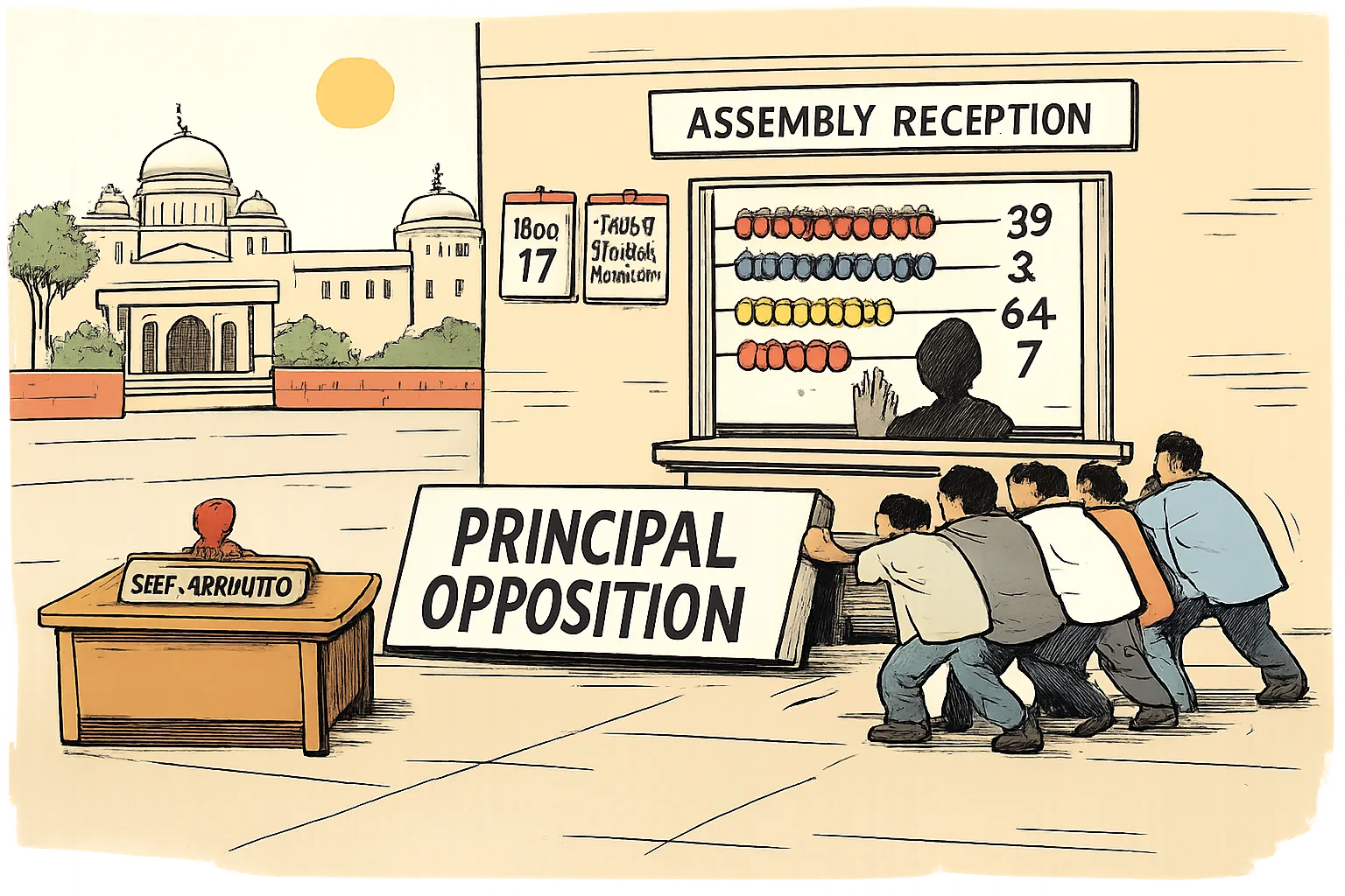 A cartoon outside a Telangana Assembly office shows an oversized 'Principal Opposition' nameplate at a locked reception window, beside a seat chart marked 39, 8, 64 and 7 and a self-appointment stamp.