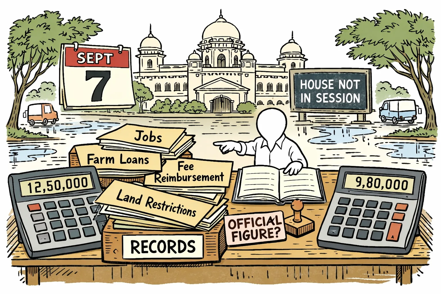 A cartoon outside the Telangana Legislative Assembly shows a calendar marked September 7 beside an electronic notice saying the House is not in session, while disputed campaign calculators and files on jobs, farm loans, fee reimbursement and land restrictions surround an empty official records ledger.