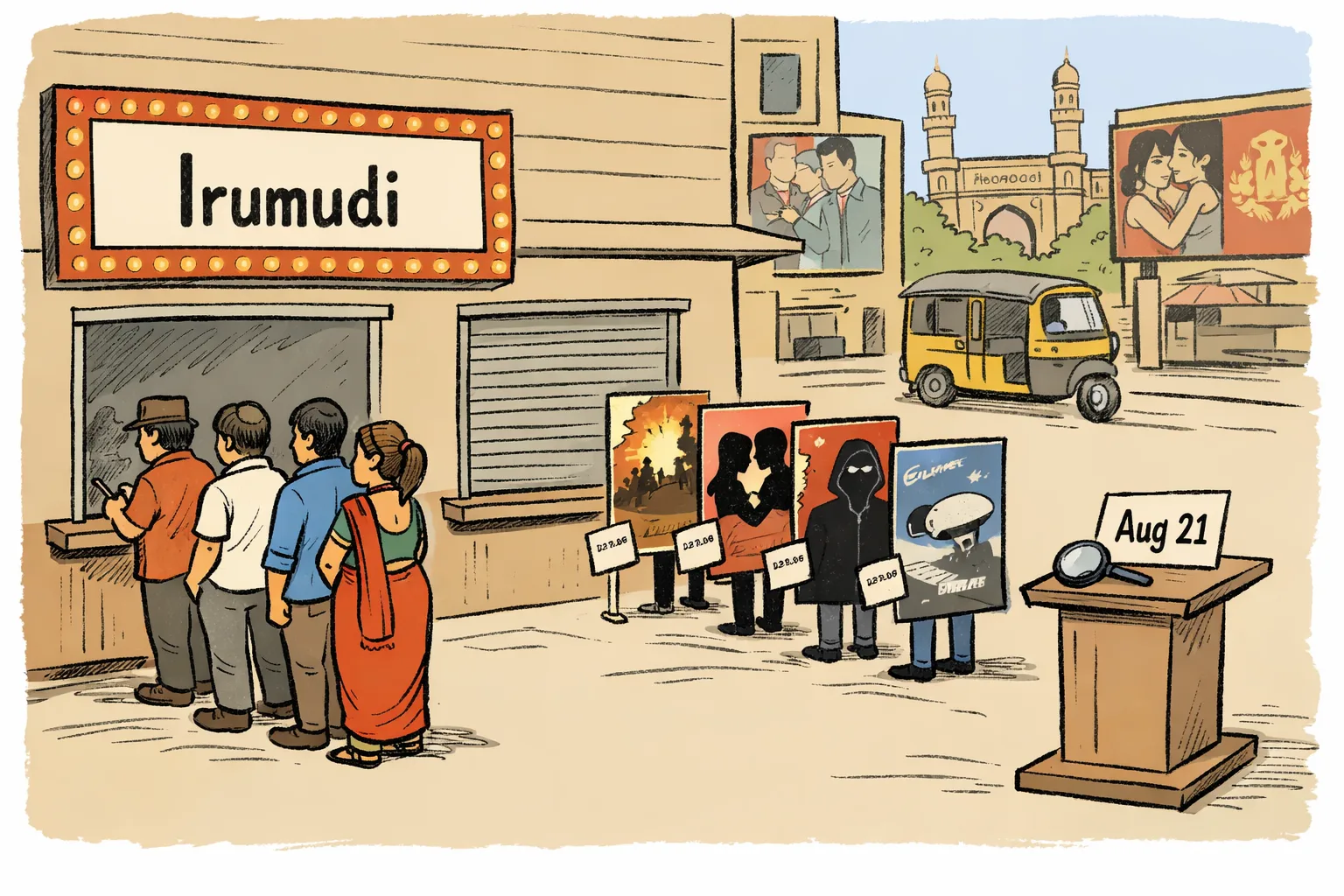 A Hyderabad multiplex ticket window has a larger Irumudi sign and a modest queue, while several smaller film posters wait at a neighbouring window beneath an August 21 board.