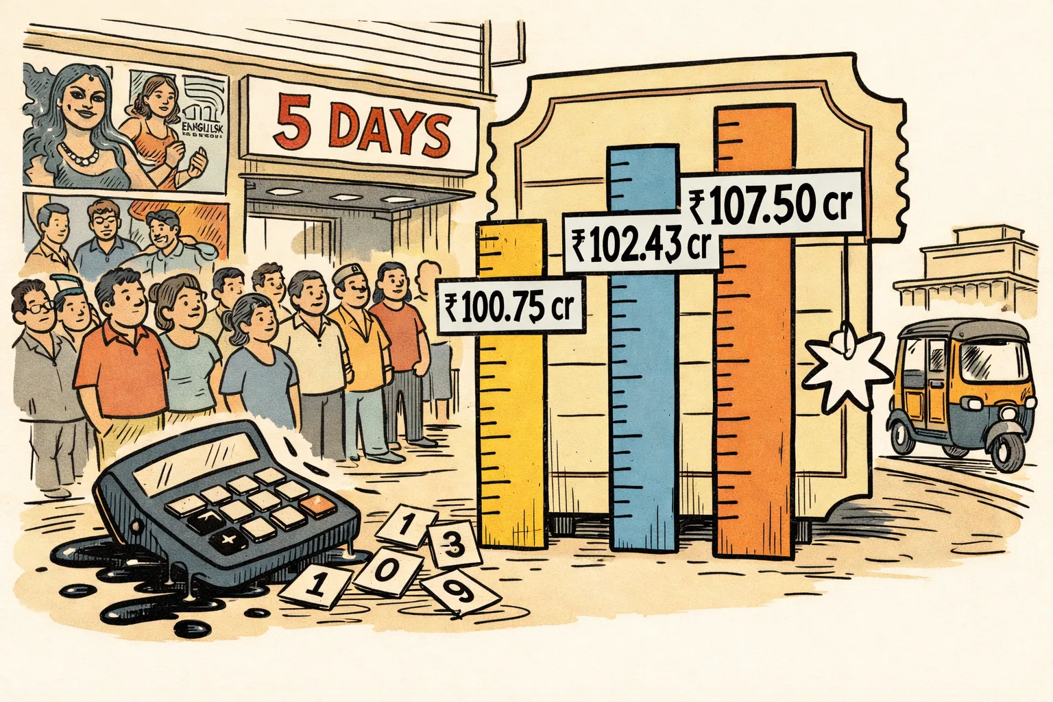 Outside a Hyderabad cinema hall, three oversized rulers point to different totals on the same box-office ticket while a calculator spills number cards and an asterisk hangs from the ticket.