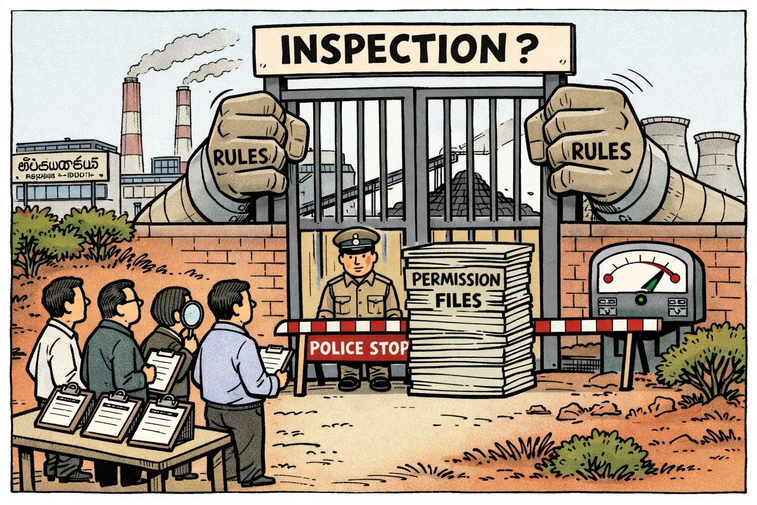 Anonymous visitors with clipboards stand before an oversized thermal-plant gate and police barricade, while smokestacks, a coal conveyor and a wavering power meter are visible behind the bars.