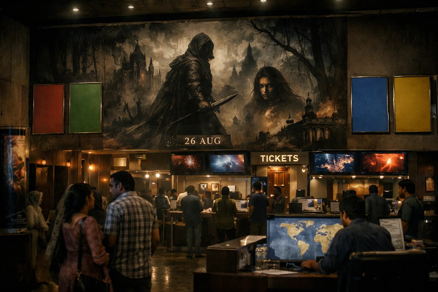 A Hyderabad cinema foyer with a dark fantasy film poster display, ticket counters, rolled posters and indistinct patrons.