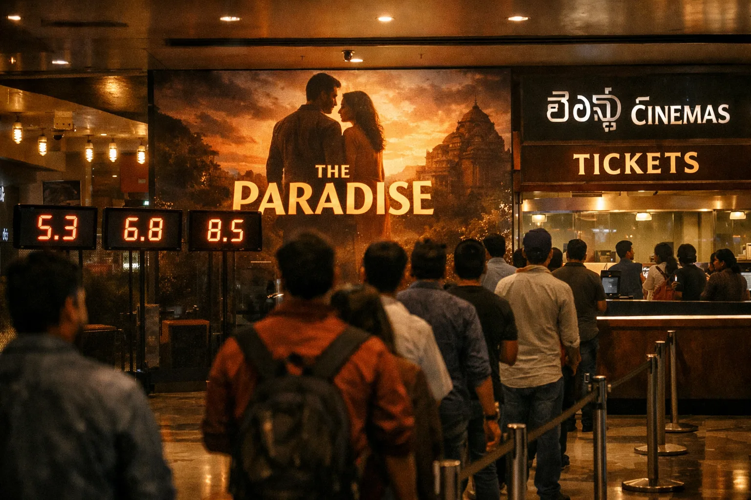 A Hyderabad multiplex foyer displays The Paradise poster beside digital panels with changing box-office figures as moviegoers queue in the background.