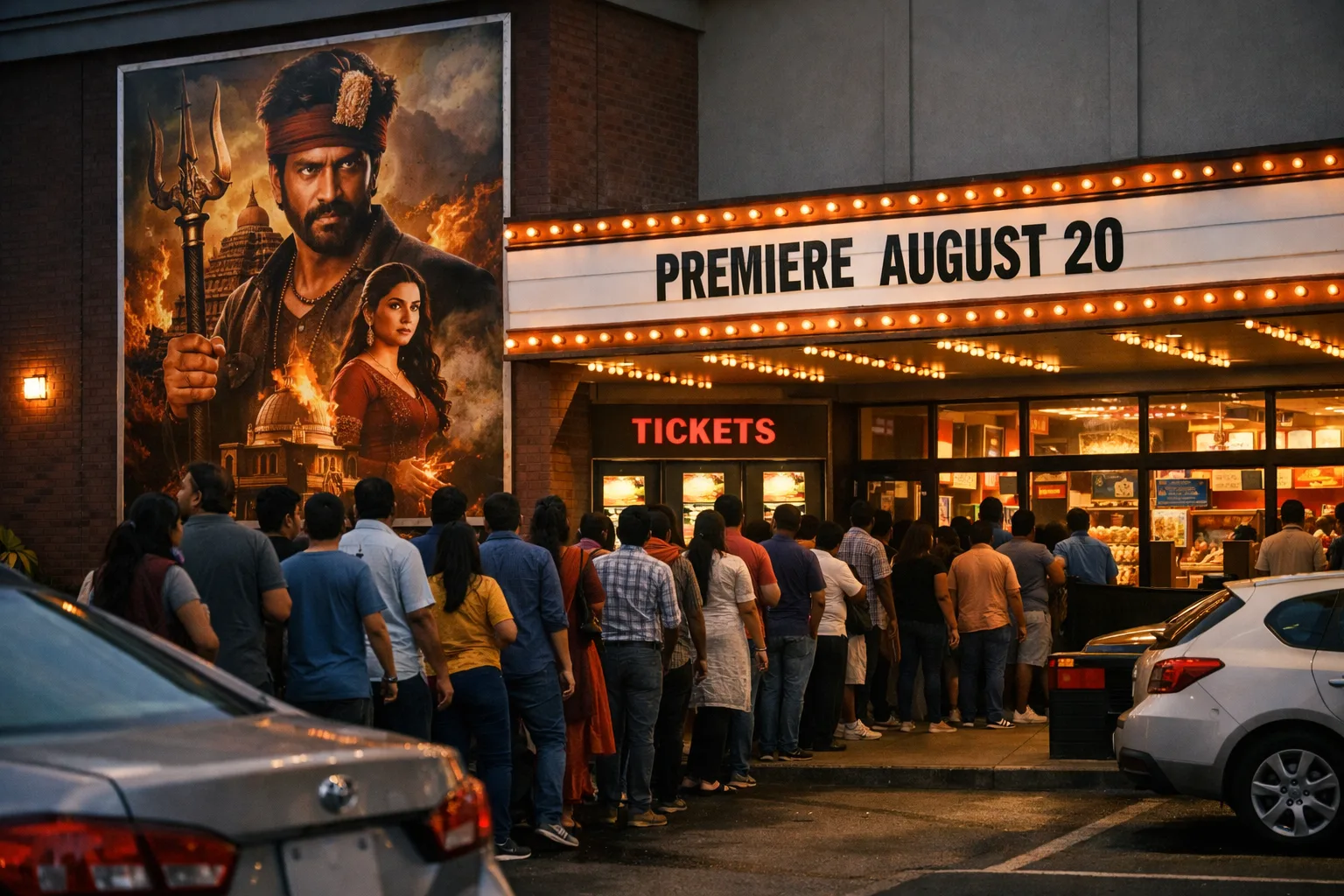 Moviegoers enter a North American multiplex beneath a Telugu film premiere poster and bright marquee lights.