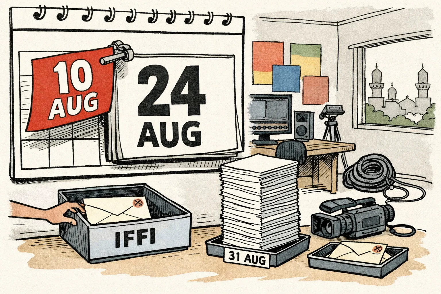 A giant festival submission calendar in a Telangana film studio shows the deadline moved to August 24, while a filmmaker’s completed entry sits beside an unused camera and a stack of blank forms.