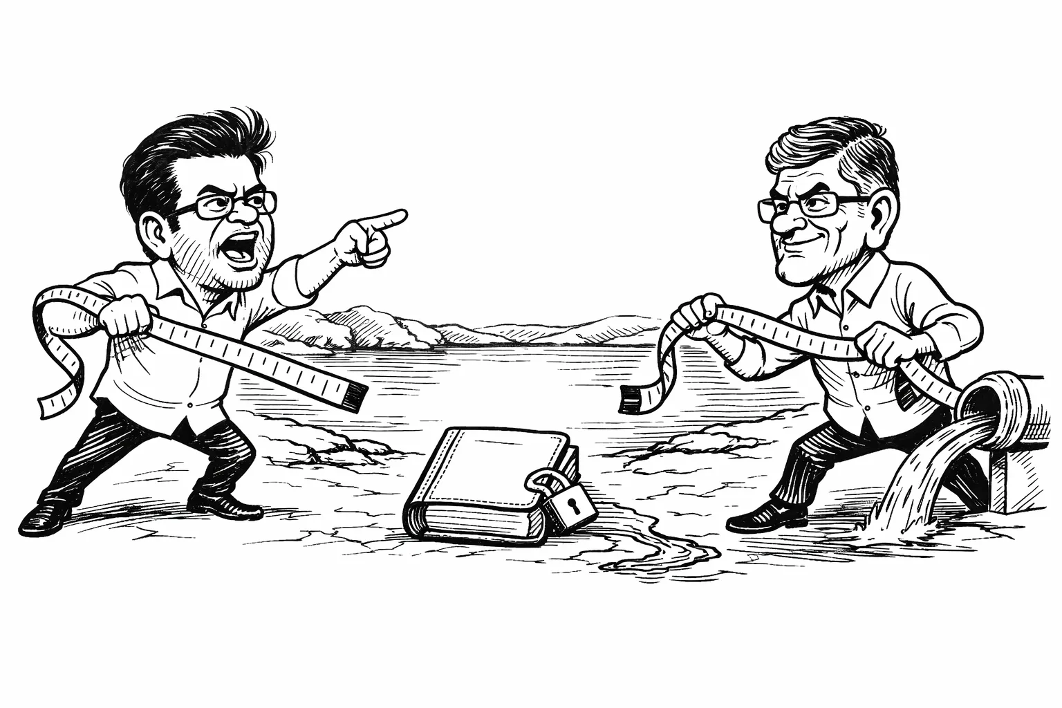 Two politicians pull opposite ends of giant measuring tapes beside a low Telangana reservoir, while a small locked ledger with blank pages lies between them and a thin stream of water runs past.