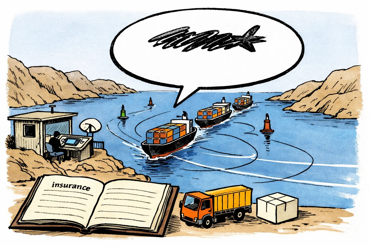 A tiny Omani harbour office marked with a neutral navigation sign calmly guides miniature cargo ships through a narrow blue strait, while an enormous speech bubble shaped like a bomber looms overhead and sends insurance bills flying toward an Indian cargo truck.