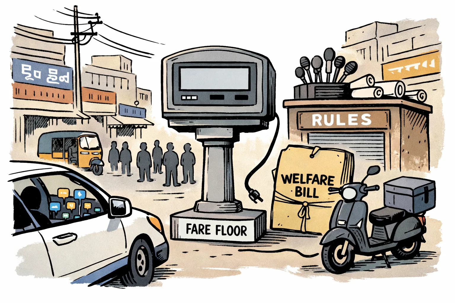 A Hyderabad app-based driver’s parked vehicle sits beside a large empty fare meter, while government files and platform app icons pile up behind a shuttered welfare counter.