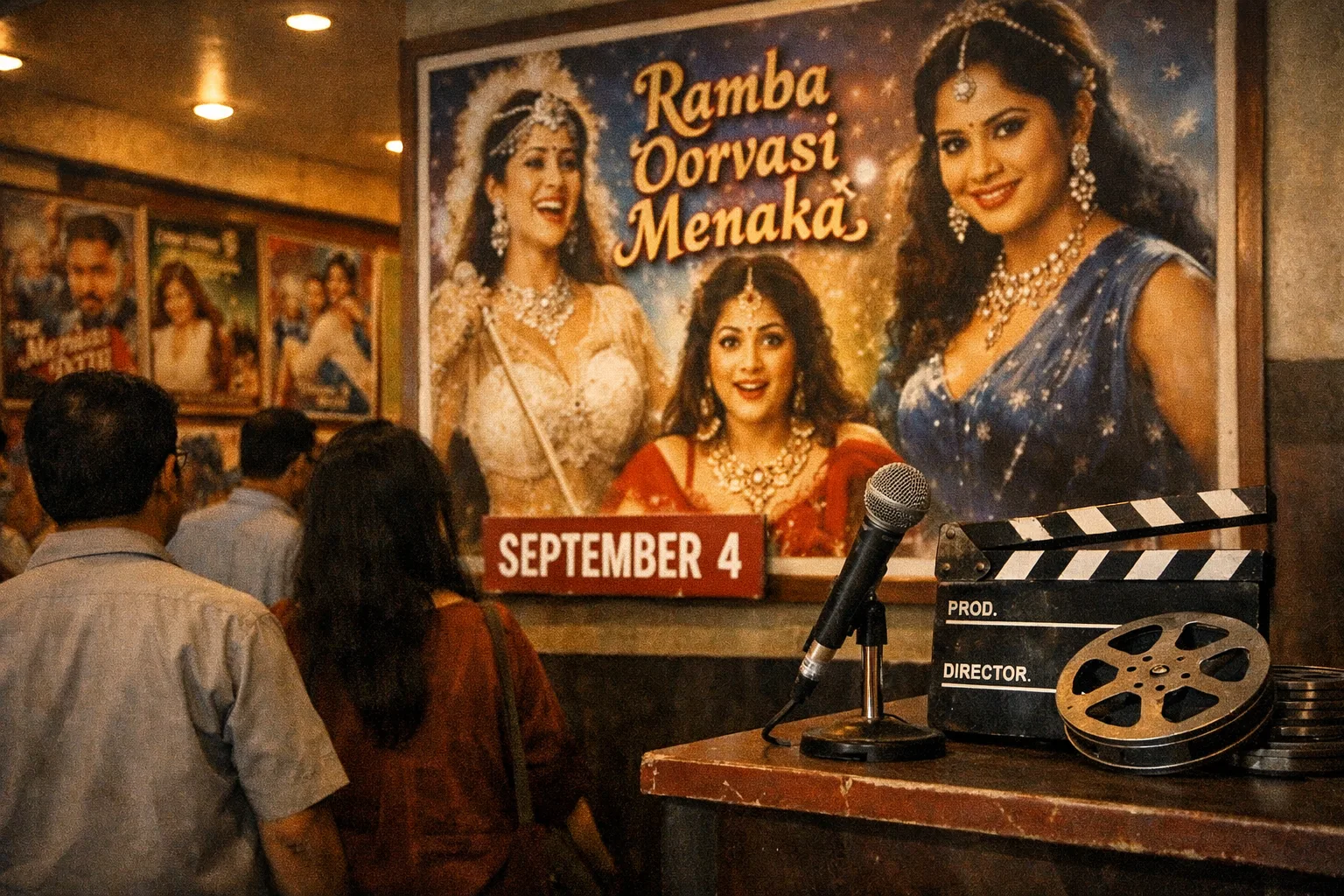 A Hyderabad theatre lobby displays a poster for Ramba Oorvasi Menaka beside a September 4 release placard, with a clapperboard and film reel on a counter.