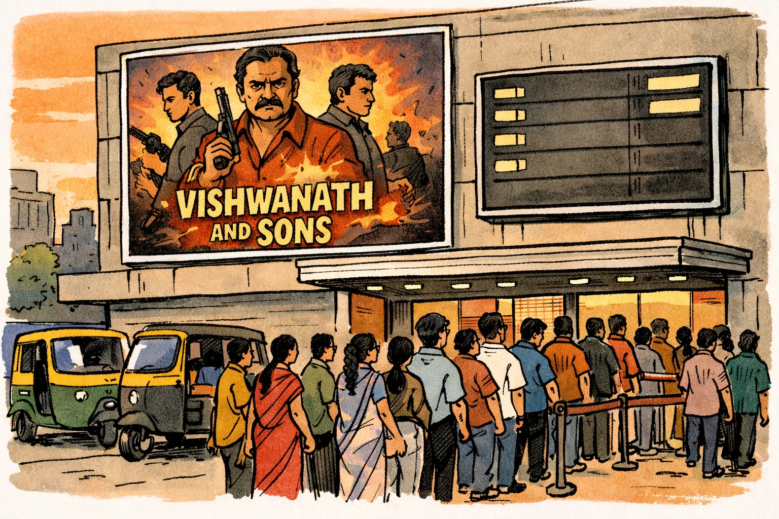 A Telangana cinema ticket counter displays a large film poster and a single opening-day showtime board, while an oversized empty speech bubble marked with a small question mark hangs above a silent queue of audience silhouettes.