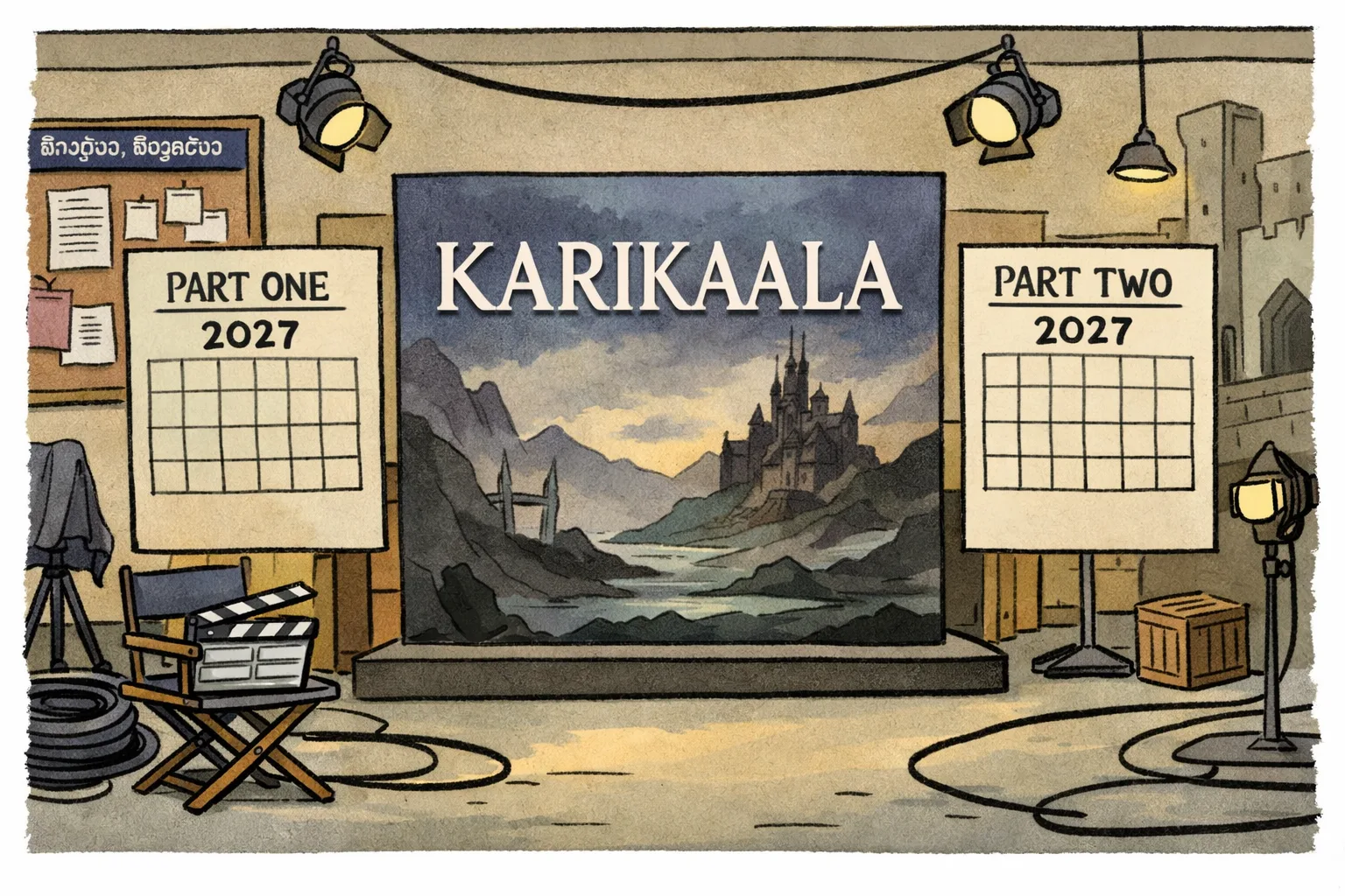 A cinematic poster board marked “KARIKAALA” stands beside two oversized date cards for 2027, while an empty film set behind it has no camera or cast.