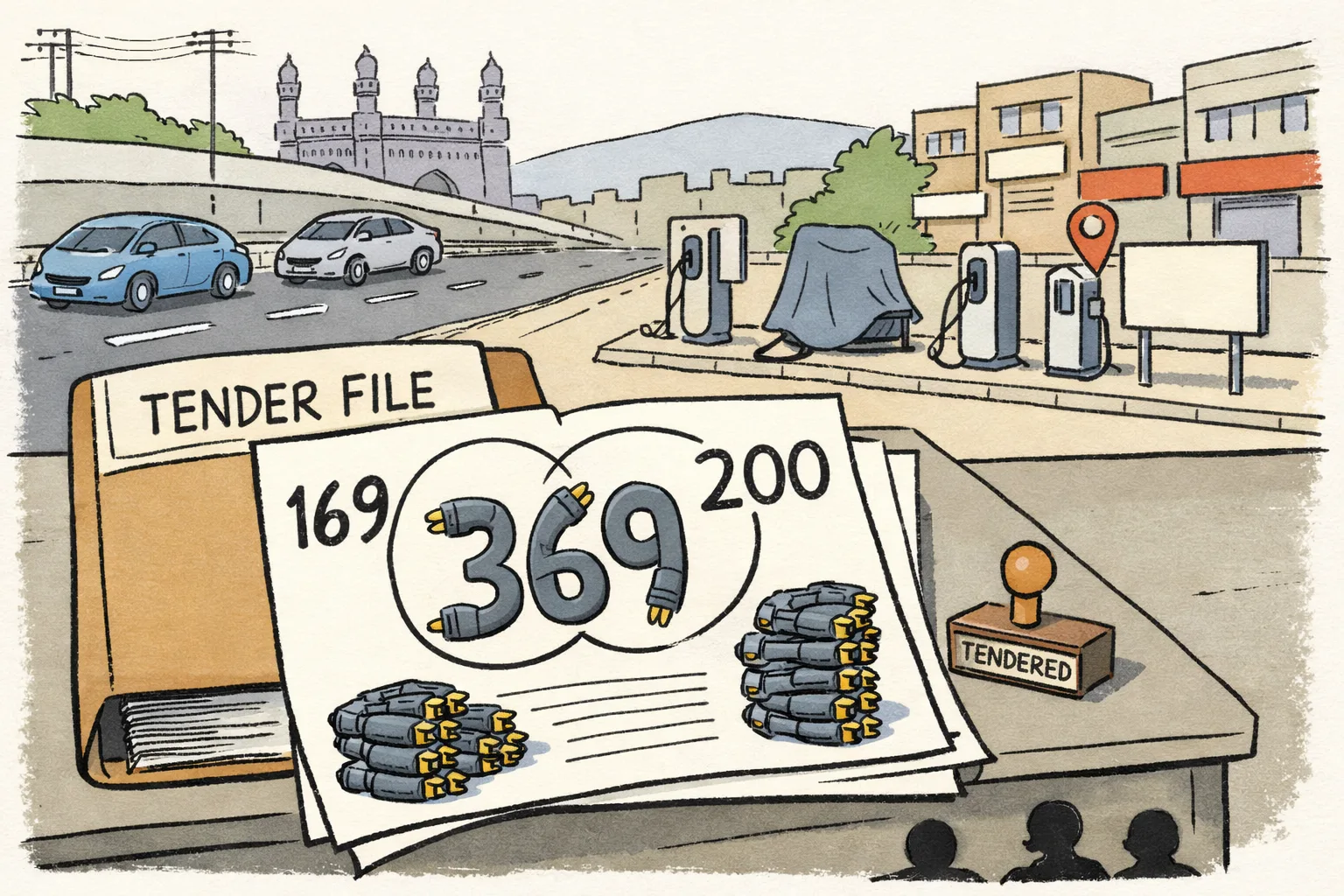 A tender file marked with overlapping sheets numbered 169 and 200 produces a pile of charging plugs labelled 369, while only a few incomplete charging stations stand outside a Telangana government office.