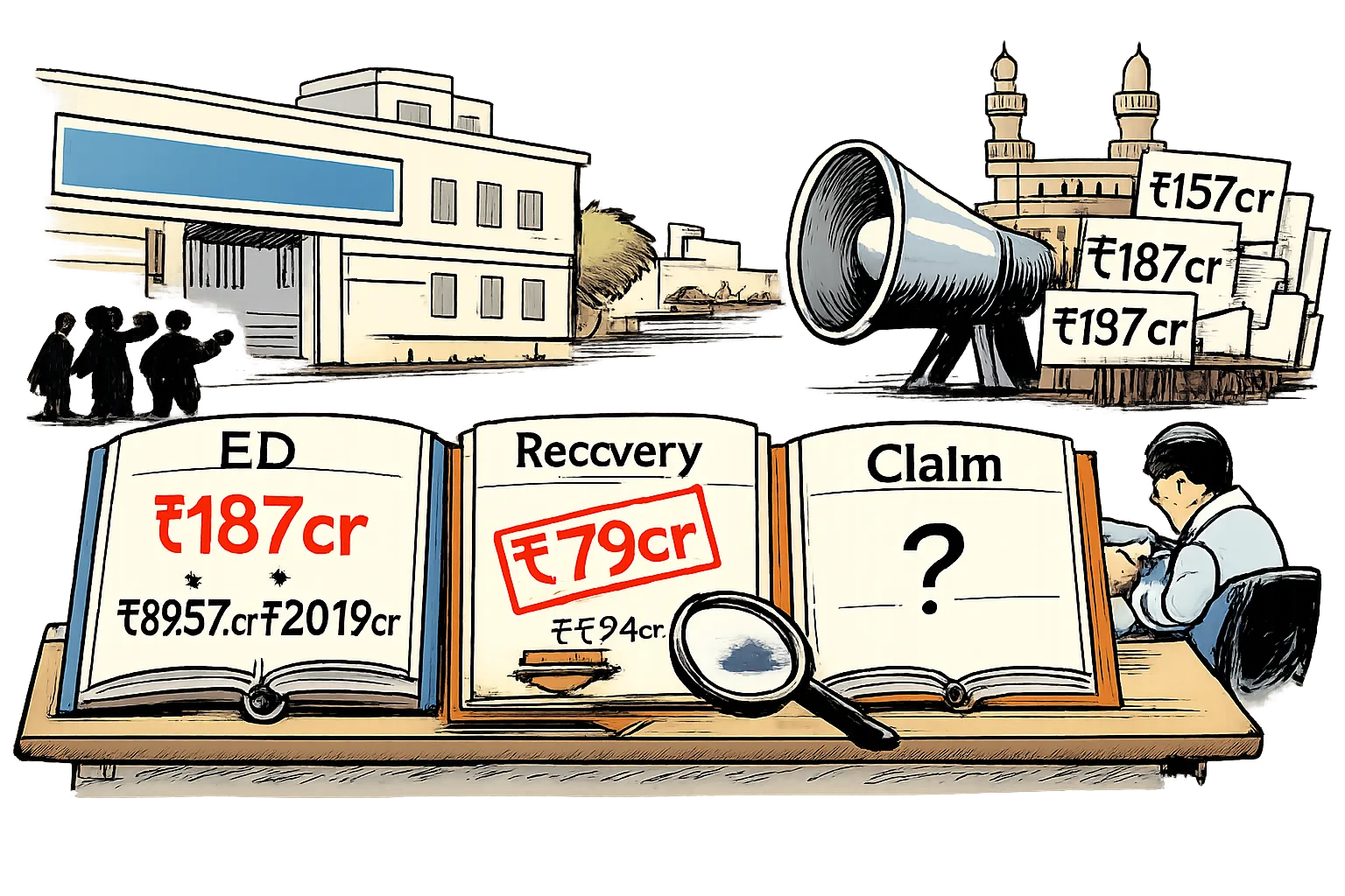 Three oversized ledgers labelled ED, Recovery and Claim sit beneath a huge ₹187 crore protest megaphone, with a magnifying glass over a missing entry outside a government office.