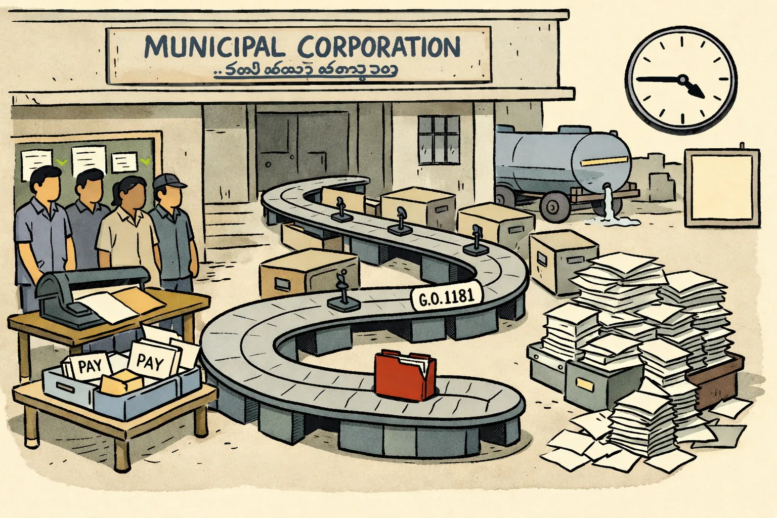 A winding conveyor belt carries an empty file folder marked “G.O. 1181” through a Telangana municipal office, while outsourcing workers stand beside reduced pay envelopes and stacks of audit notices.