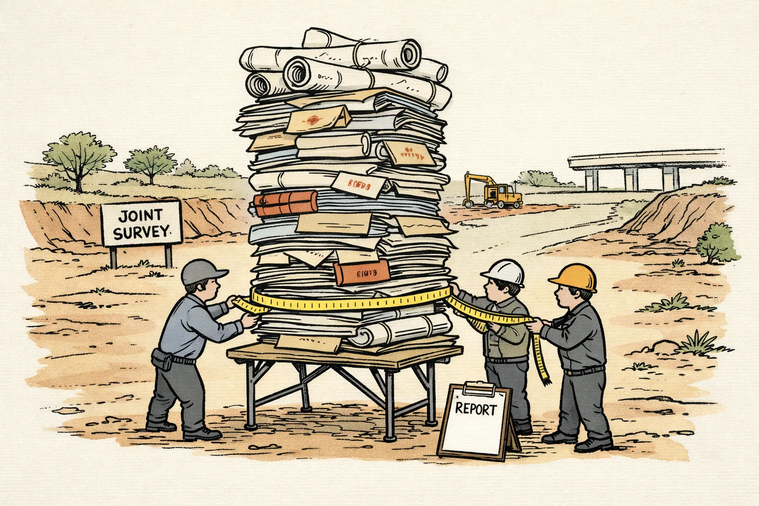 Three anonymous survey officials measure a huge stack of permits and files beside an unfinished highway embankment, while the exposed earth remains largely unmeasured.
