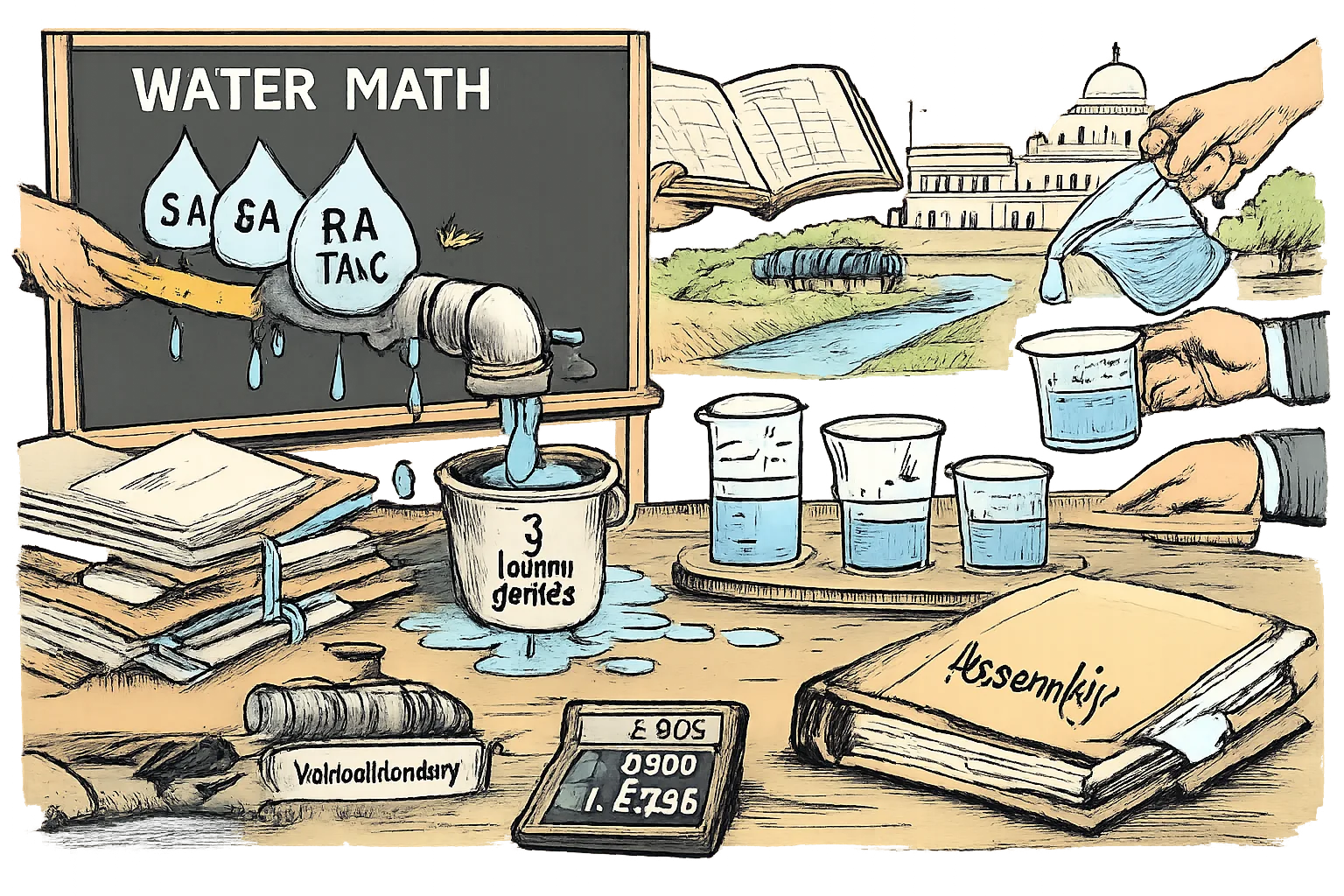 A Telangana irrigation cartoon shows leaking pipes, mismatched measuring vessels and conflicting figures on a blackboard, beside an idle pump and stacks of government files.