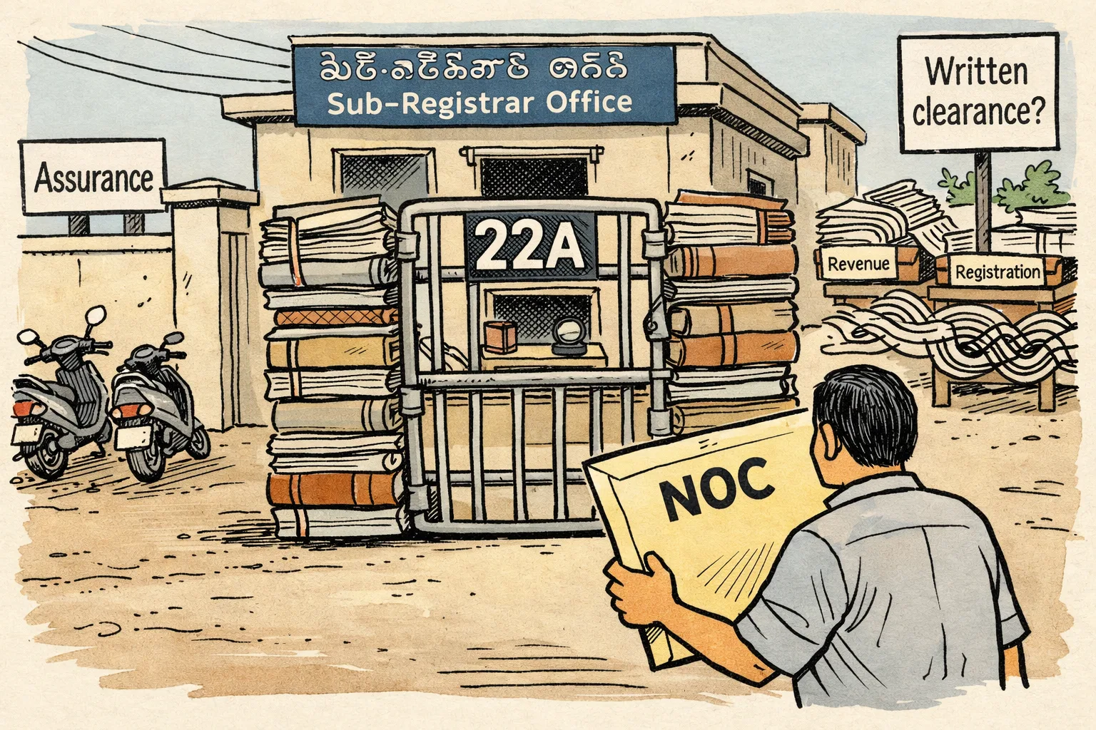 At a Telangana sub-registrar office, a large envelope marked NOC is stopped by a locked oversized gate labelled 22A while a registration counter sits behind it.