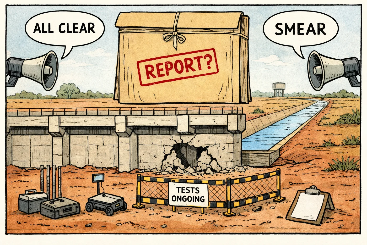 A damaged concrete barrage in Telangana is surrounded by testing equipment beneath a giant file marked “REPORT?”, while two loudspeakers make opposing claims and a nearly dry canal leads toward farmland.