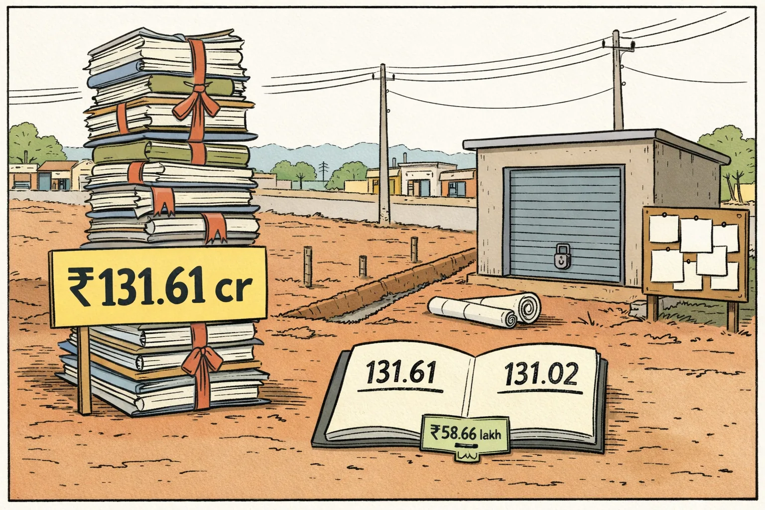 A giant stack of files labelled ₹131.61 crore towers over an empty roadside construction plot in rural Telangana; a ledger shows mismatched totals and a locked site office has no tender or deadline notice.