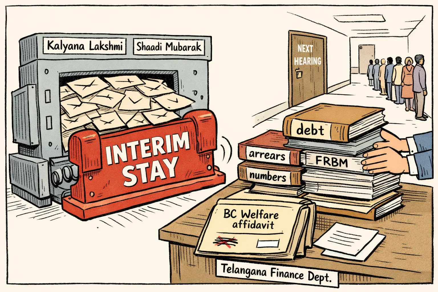 A stopped government payout machine loaded with benefit envelopes sits behind an oversized interim-stay brake, while Finance files on debt, arrears and FRBM compliance surround a desk and a corrected affidavit lies beside a crossed-out article number.