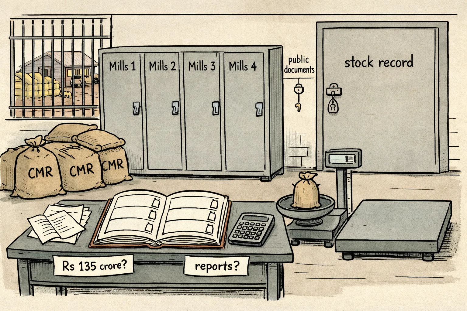 A Telangana government records desk piled with oversized grain sacks, folders and an open ledger, with several empty spaces marked for missing paddy stock and a locked filing cabinet in the background.