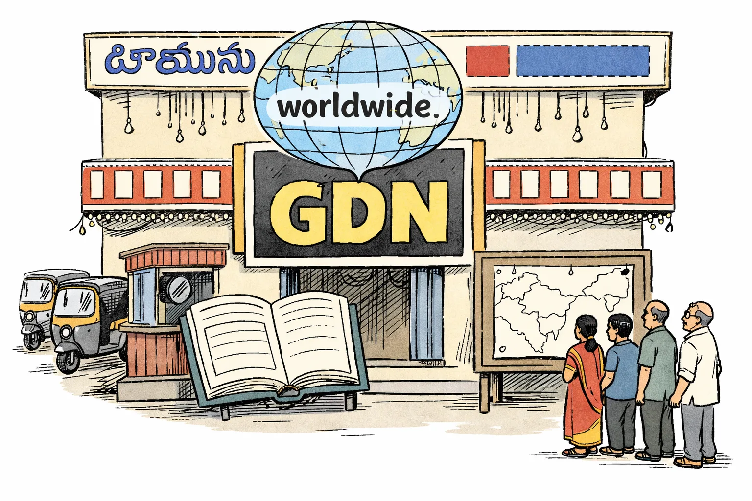 A cinema poster marked “GDN” hangs over a Hyderabad theatre entrance while a giant globe-shaped speech bubble says “worldwide”; beneath it, an empty noticeboard has no overseas screen list or collection figures.