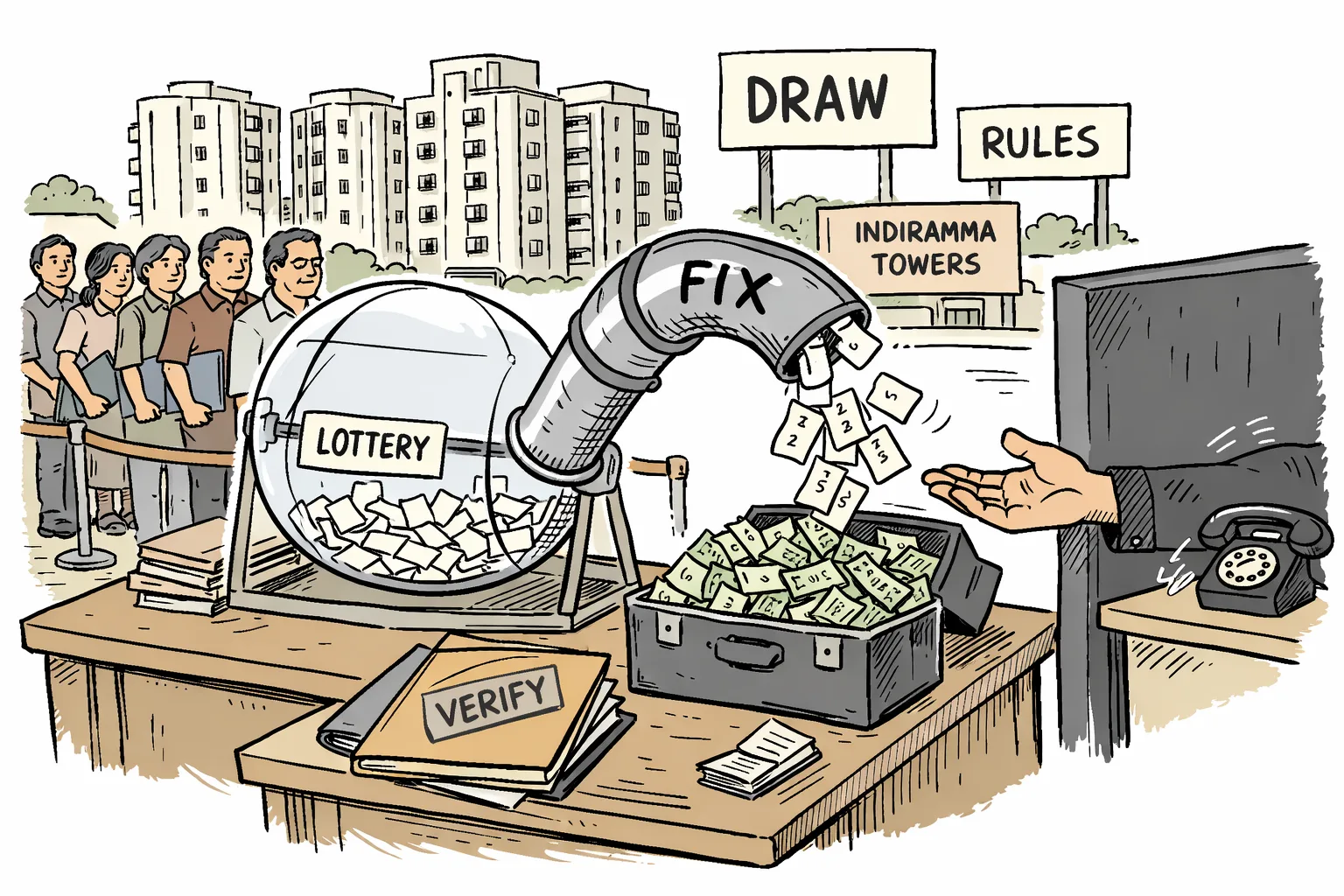 A cartoon Hyderabad housing lottery drum is diverted by a pipe marked “FIX” into a cash box while applicants wait beside an official verification file and a ringing police phone.