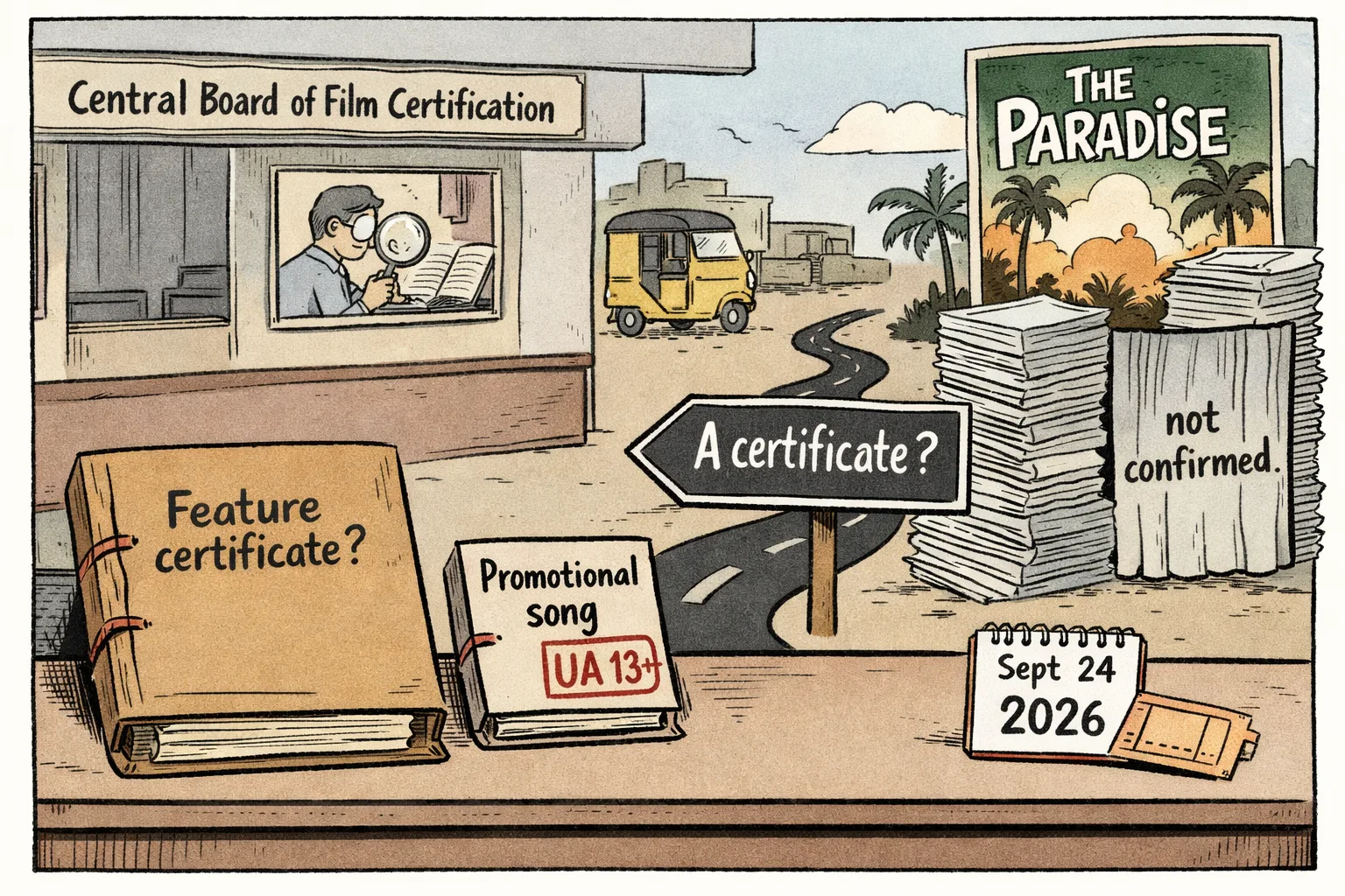 A cartoon outside a certification office shows an empty feature-film file marked “Feature certificate?”, a smaller promotional-song file stamped “UA 13+”, and a winding sign pointing uncertainly toward “A certificate”.