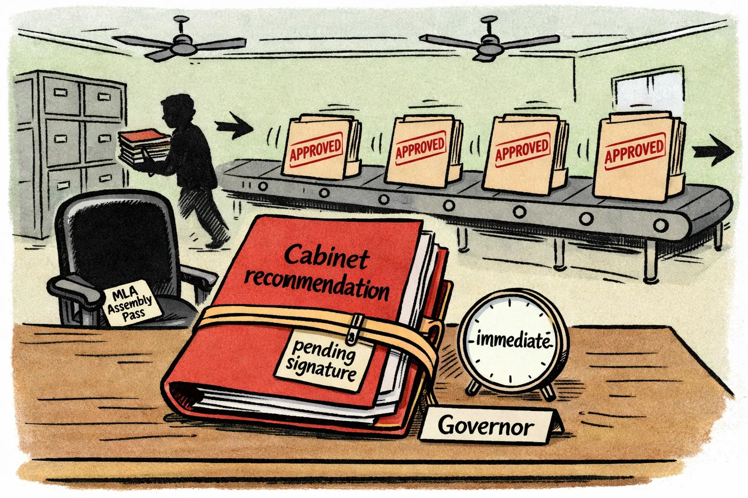 A Telangana government office cartoon shows four appointment files moving through a conveyor belt while a cabinet recommendation file waits under a rubber band marked pending signature on a Governor’s desk.
