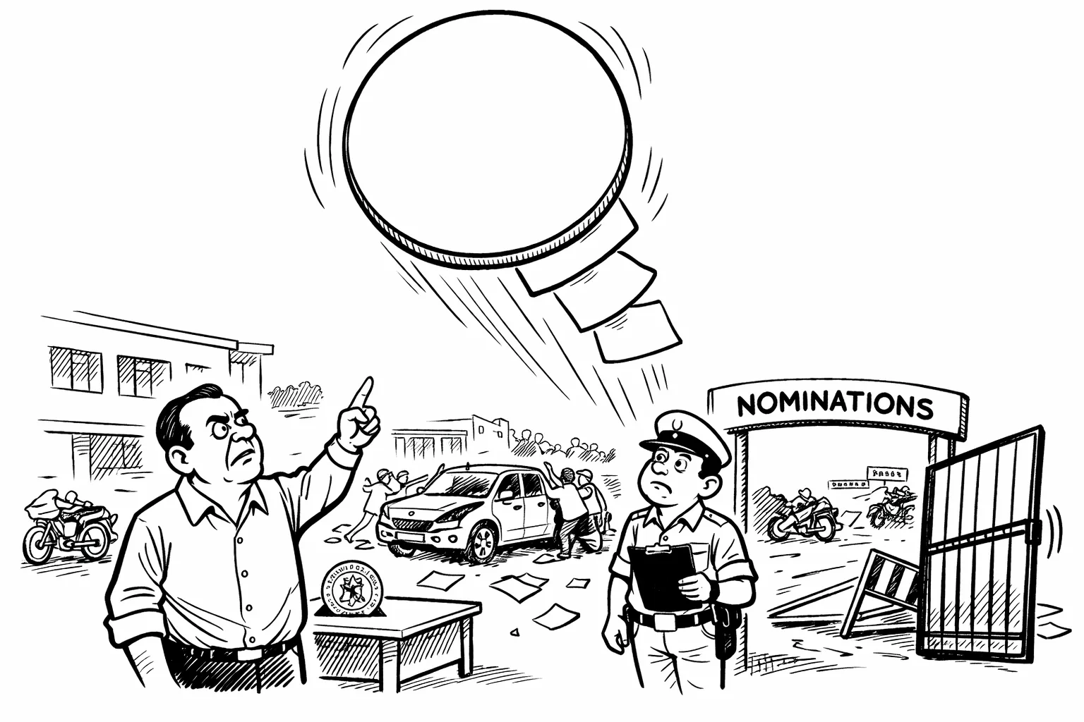 At an Andhra Pradesh nomination-centre gate, a stern election official points at an oversized warning sheet flying upward while a tired police guard stands beside an open barricade and scattered papers; disorder and a damaged vehicle appear behind them.
