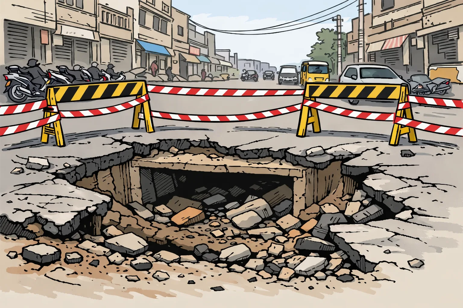 A collapsed section of Hussaini Kothi Road exposes a stormwater drain beneath broken asphalt, with rubble and barriers around the unusable roadway.