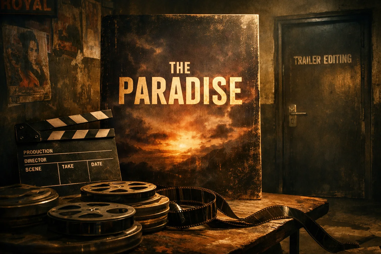 A clapperboard, film reels and an unspooled strip of film sit beside a closed editing-room door beneath a dark film poster board.