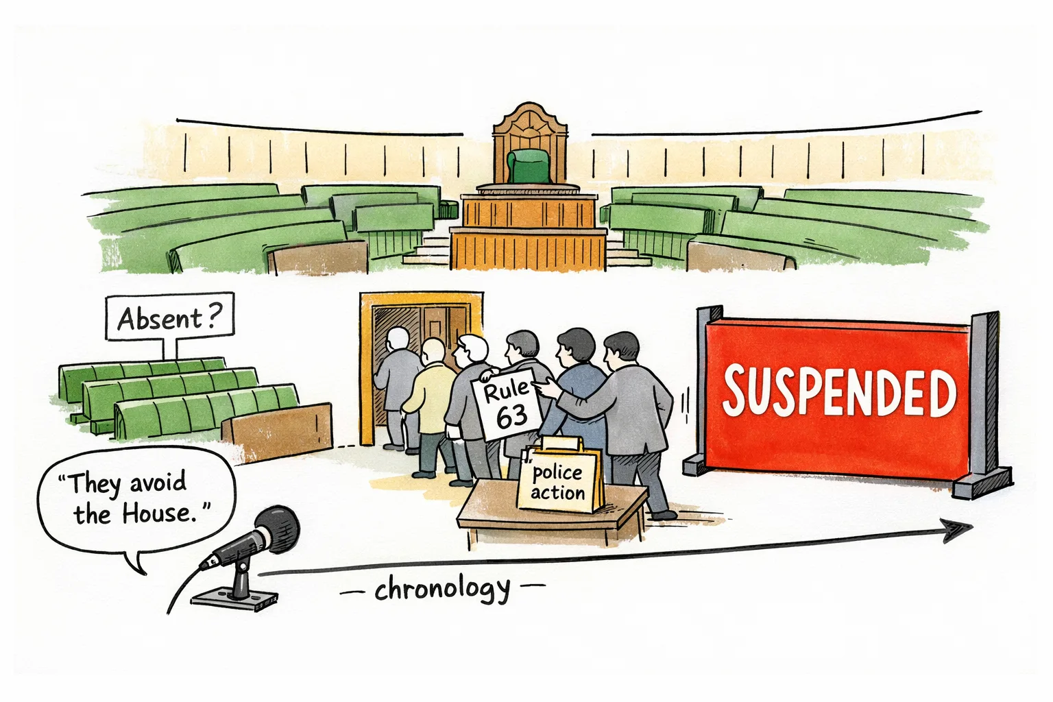 A cartoon Assembly chamber shows a timeline from an empty bench labelled "Absent?" to legislators arriving with a notice, followed by a large barrier labelled "Suspended" across the entrance.