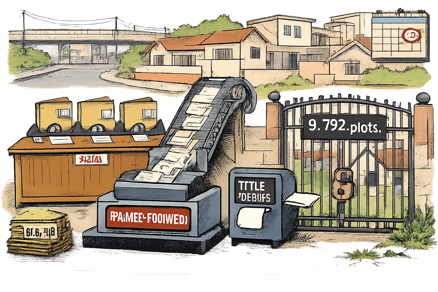 In an LB Nagar colony, a giant desk feeds files into a machine marked “PANEL FORMED”, while a locked gate marked “9,792 plots” blocks visible houses and a blank title deed hangs from an idle machine.