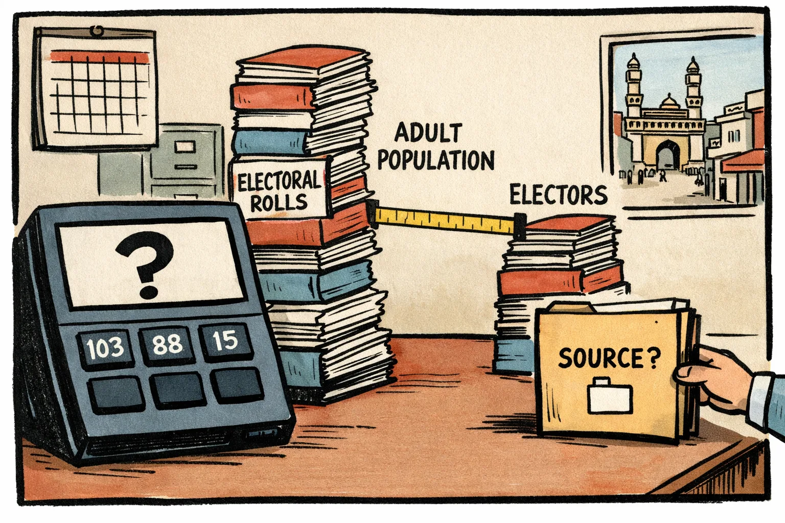 An oversized calculator showing a question mark stands between mismatched stacks labelled adult population and electors, beside an unopened source file and election-roll registers in a Hyderabad government office.